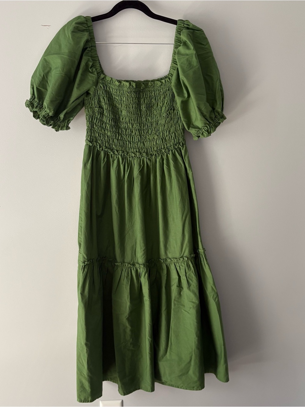 Abercrombie & Fitch Olive Green Puff-Sleeve Smocked Midi Dress Size Small